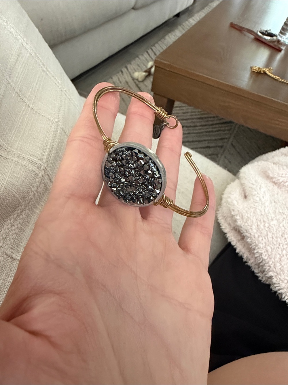 Gold-Tone Bracelet with Dark Gray Druzy Accent